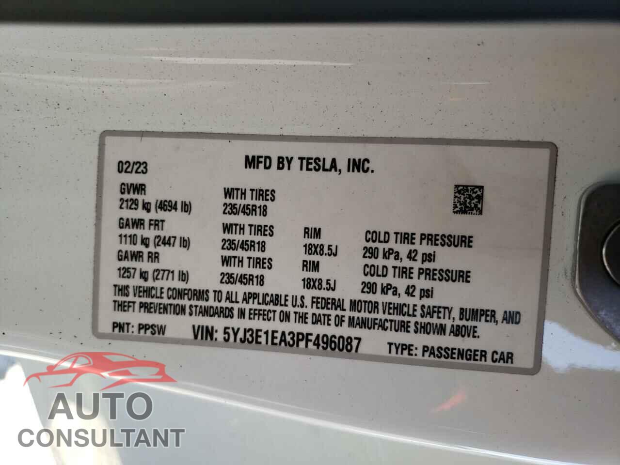 TESLA MODEL 3 2023 - 5YJ3E1EA3PF496087