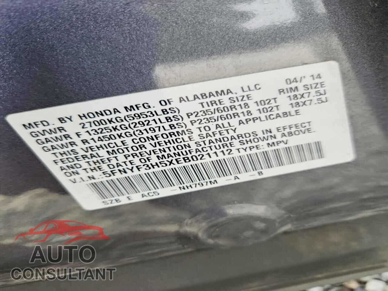 HONDA PILOT 2014 - 5FNYF3H5XEB021112