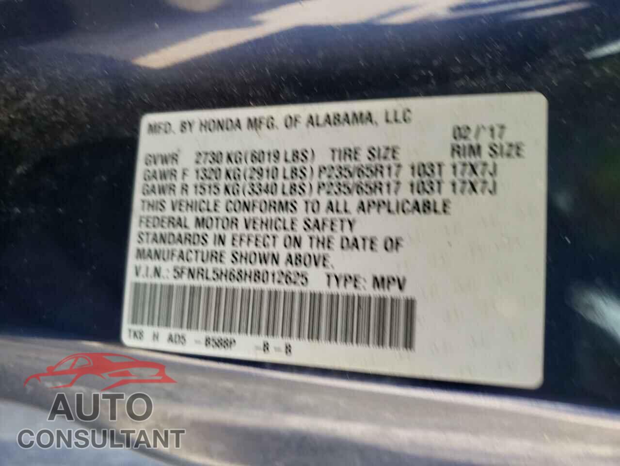 HONDA ODYSSEY 2017 - 5FNRL5H68HB012625