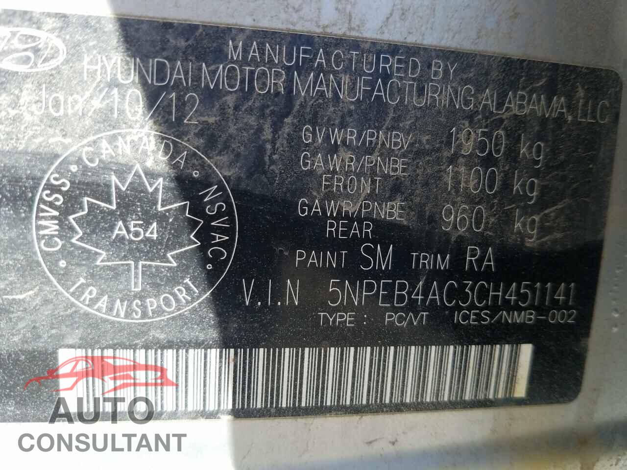 HYUNDAI SONATA 2012 - 5NPEB4AC3CH451141