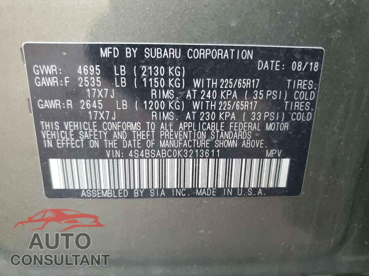 SUBARU OUTBACK 2019 - 4S4BSABC0K3213611