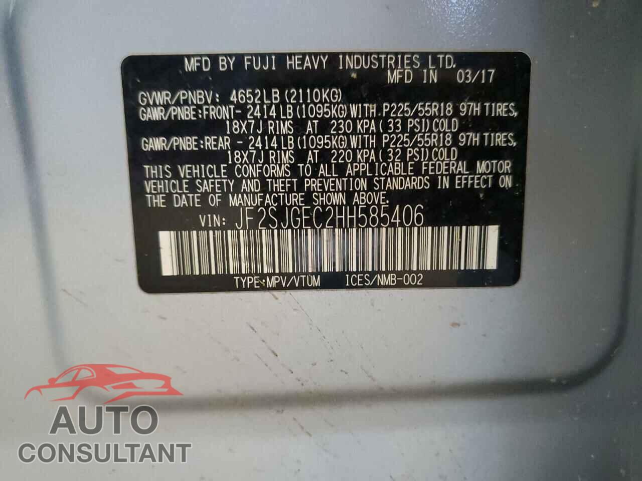 SUBARU FORESTER 2017 - JF2SJGEC2HH585406