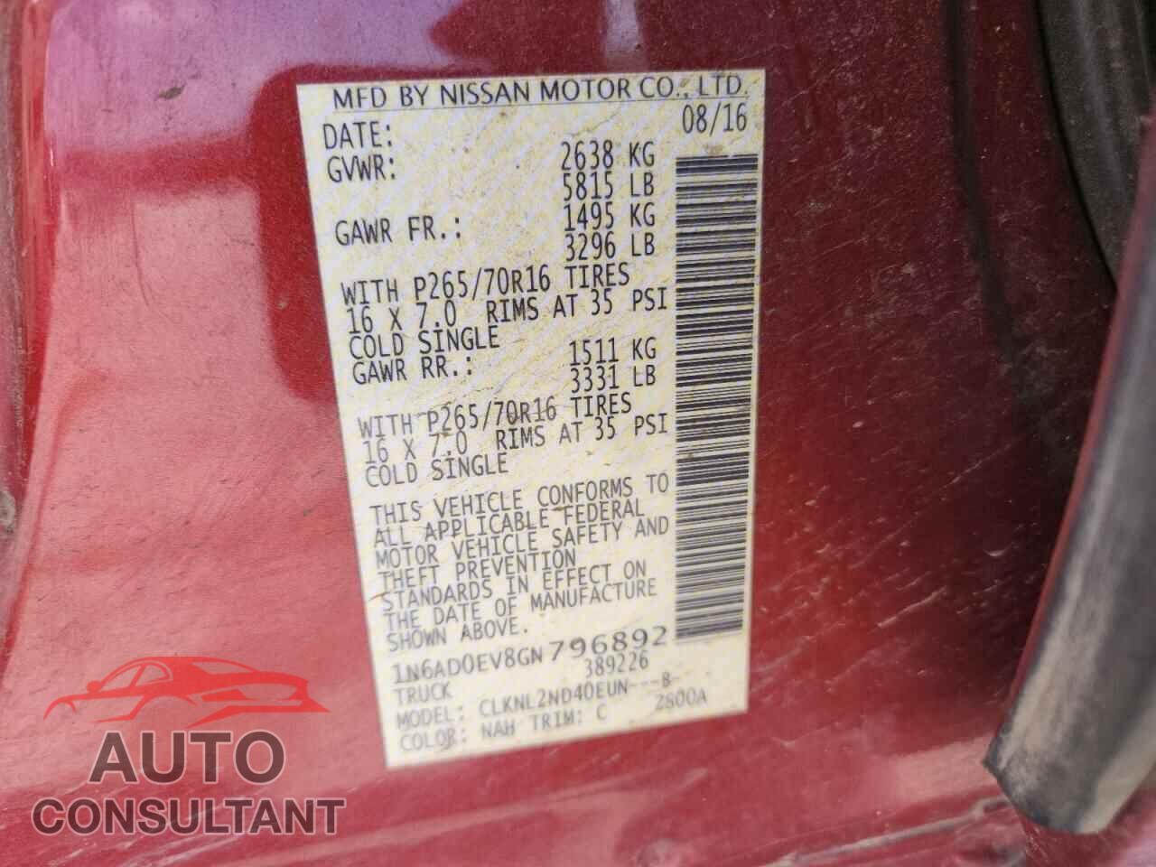 NISSAN FRONTIER 2016 - 1N6AD0EV8GN796892