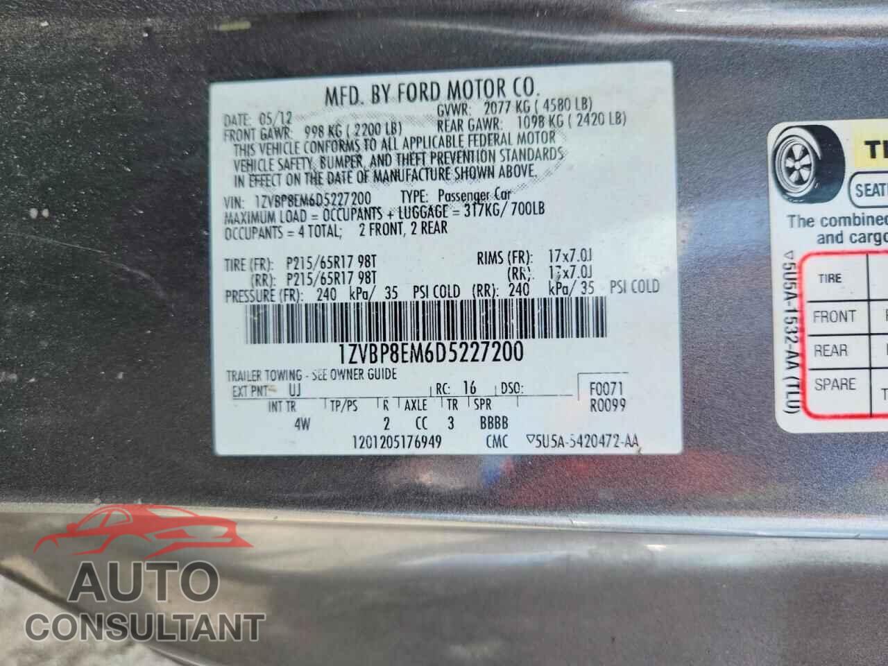 FORD MUSTANG 2013 - 1ZVBP8EM6D5227200