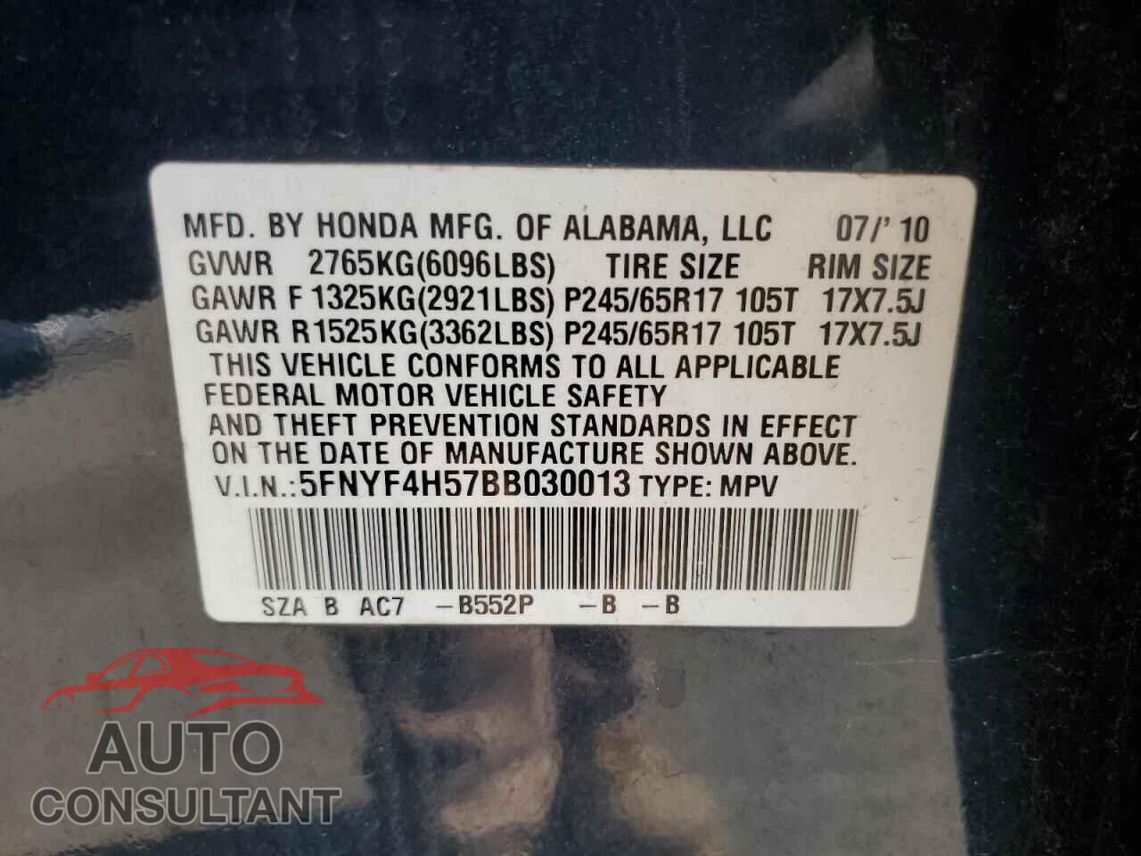 HONDA PILOT 2011 - 5FNYF4H57BB030013
