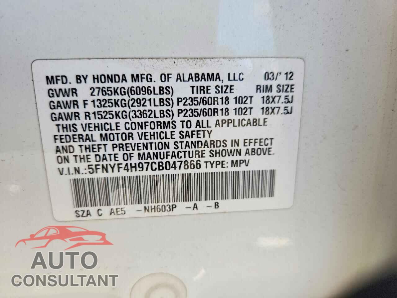 HONDA PILOT 2012 - 5FNYF4H97CB047866