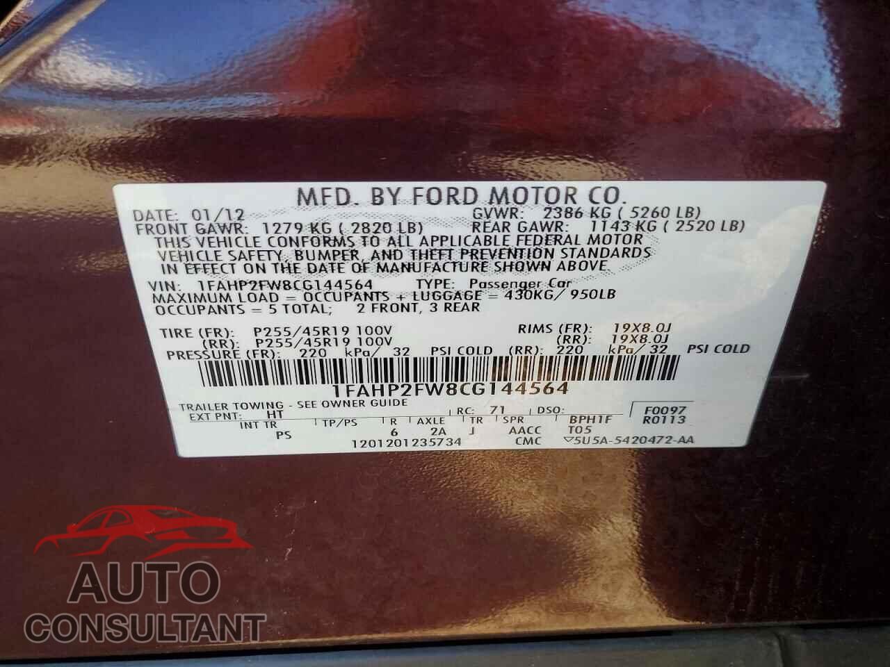 FORD TAURUS 2012 - 1FAHP2FW8CG144564