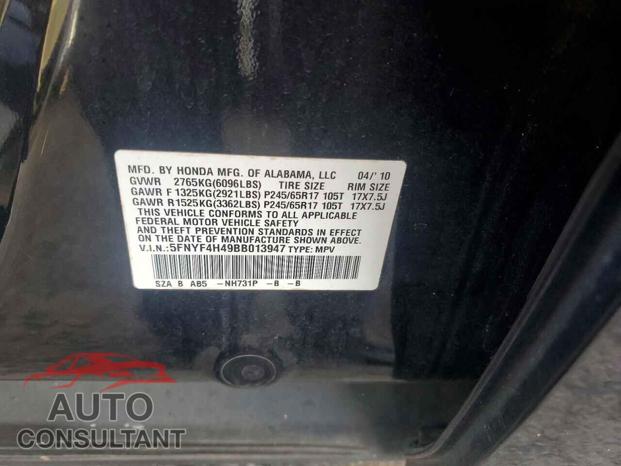 HONDA PILOT 2011 - 5FNYF4H49BB013947