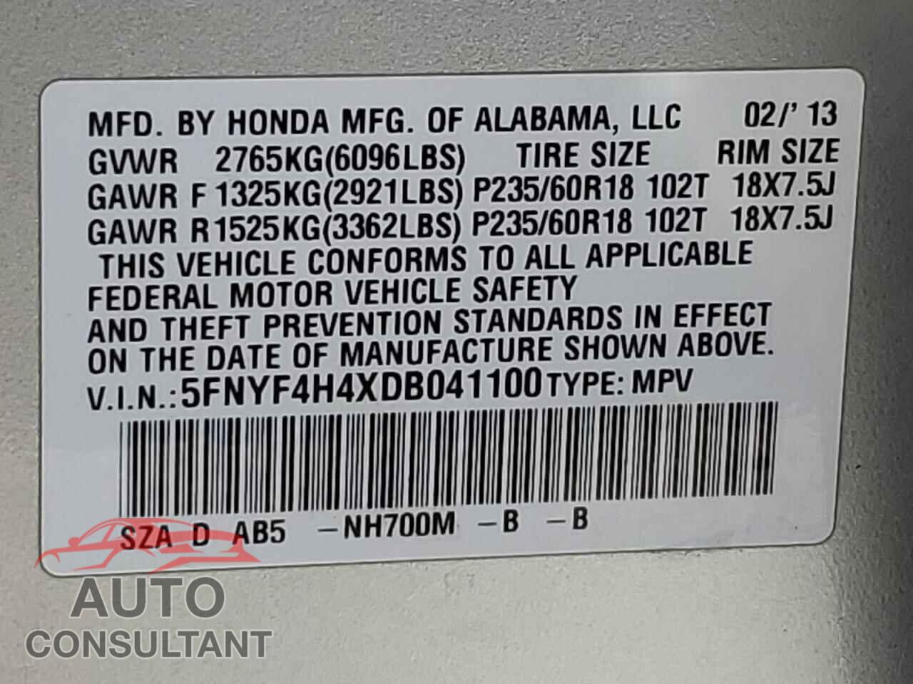 HONDA PILOT 2013 - 5FNYF4H4XDB041100