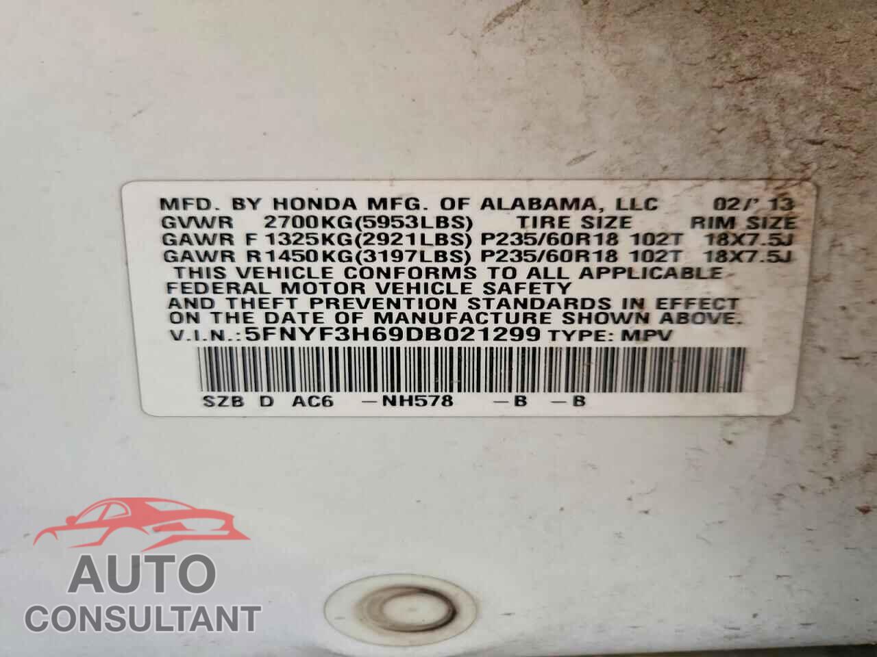 HONDA PILOT 2013 - 5FNYF3H69DB021299