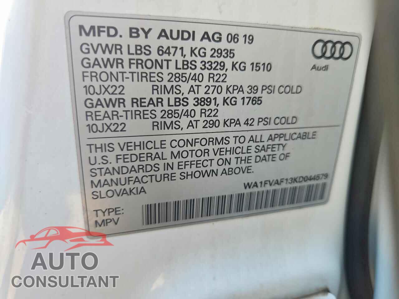 AUDI Q8 2019 - WA1FVAF13KD044579