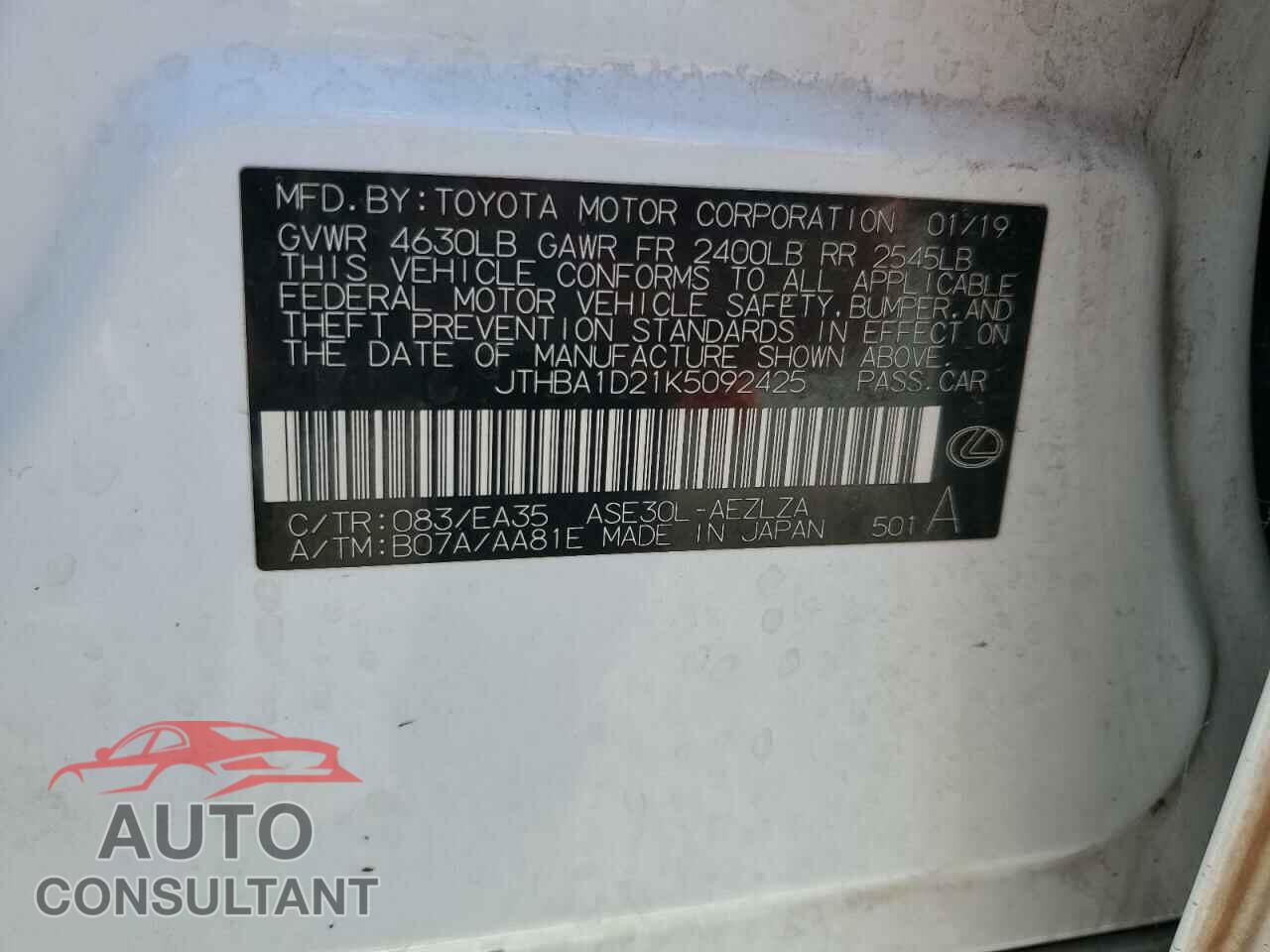 LEXUS IS 2019 - JTHBA1D21K5092425