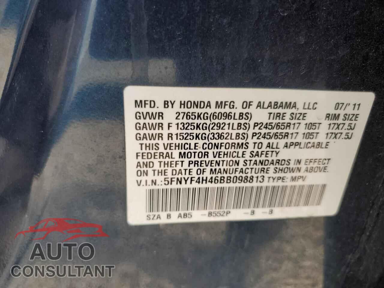 HONDA PILOT 2011 - 5FNYF4H46BB098813