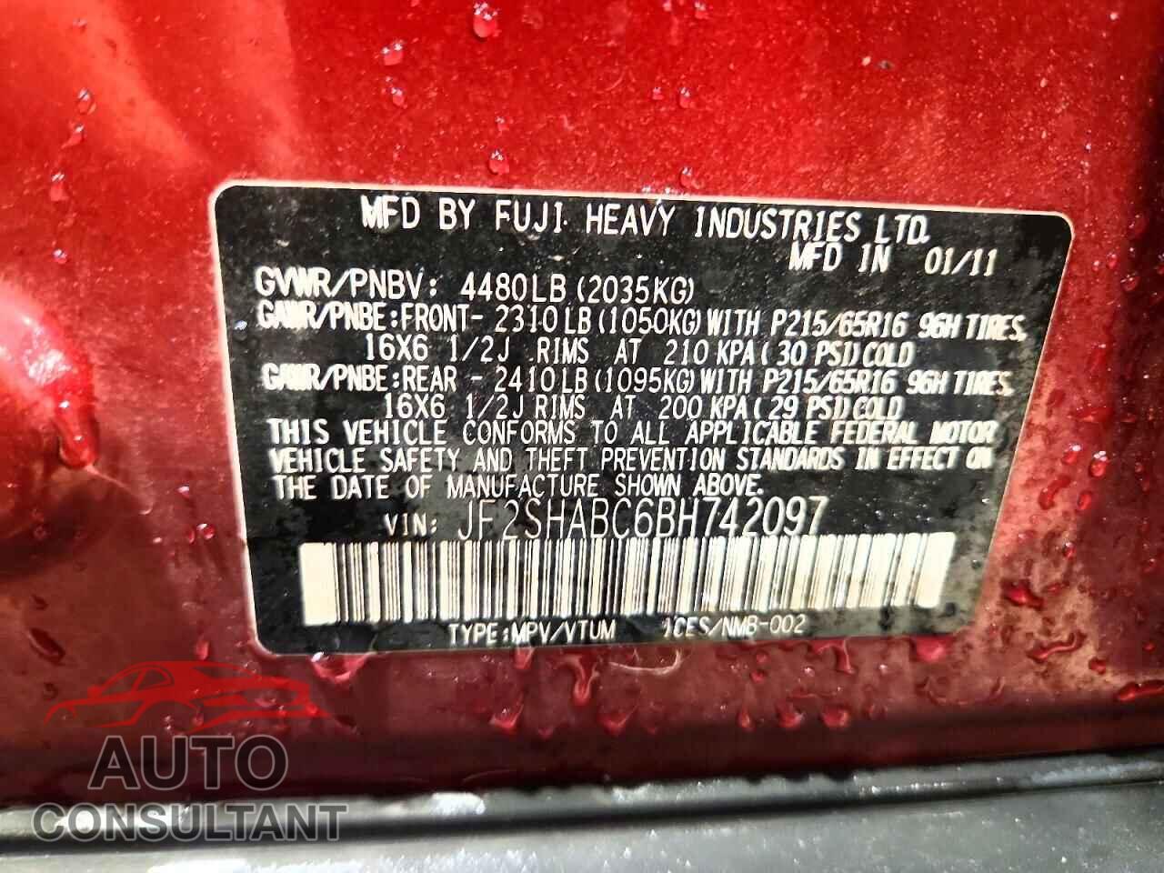 SUBARU FORESTER 2011 - JF2SHABC6BH742097