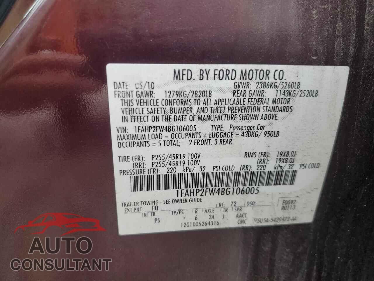 FORD TAURUS 2011 - 1FAHP2FW4BG106005