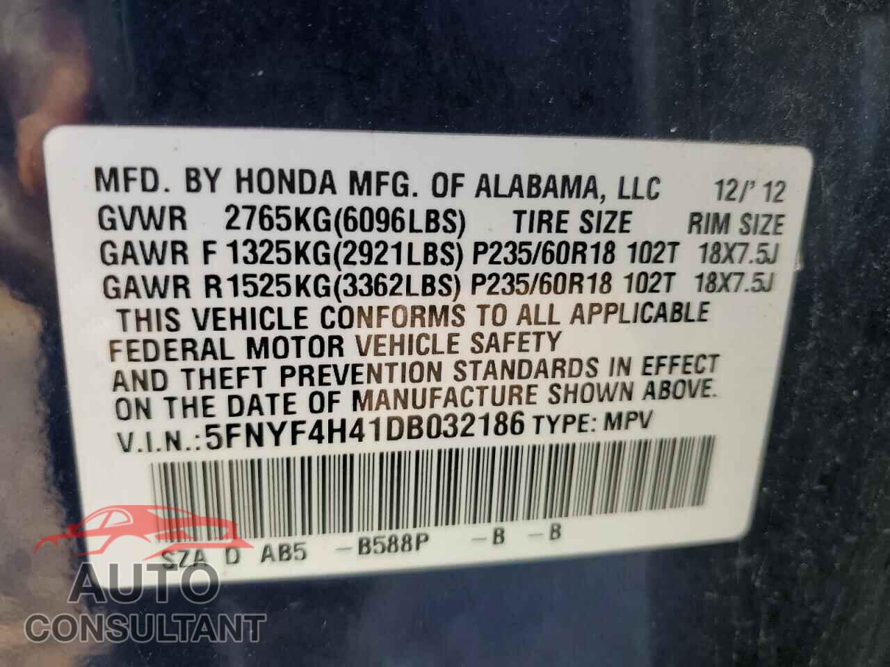 HONDA PILOT 2013 - 5FNYF4H41DB032186
