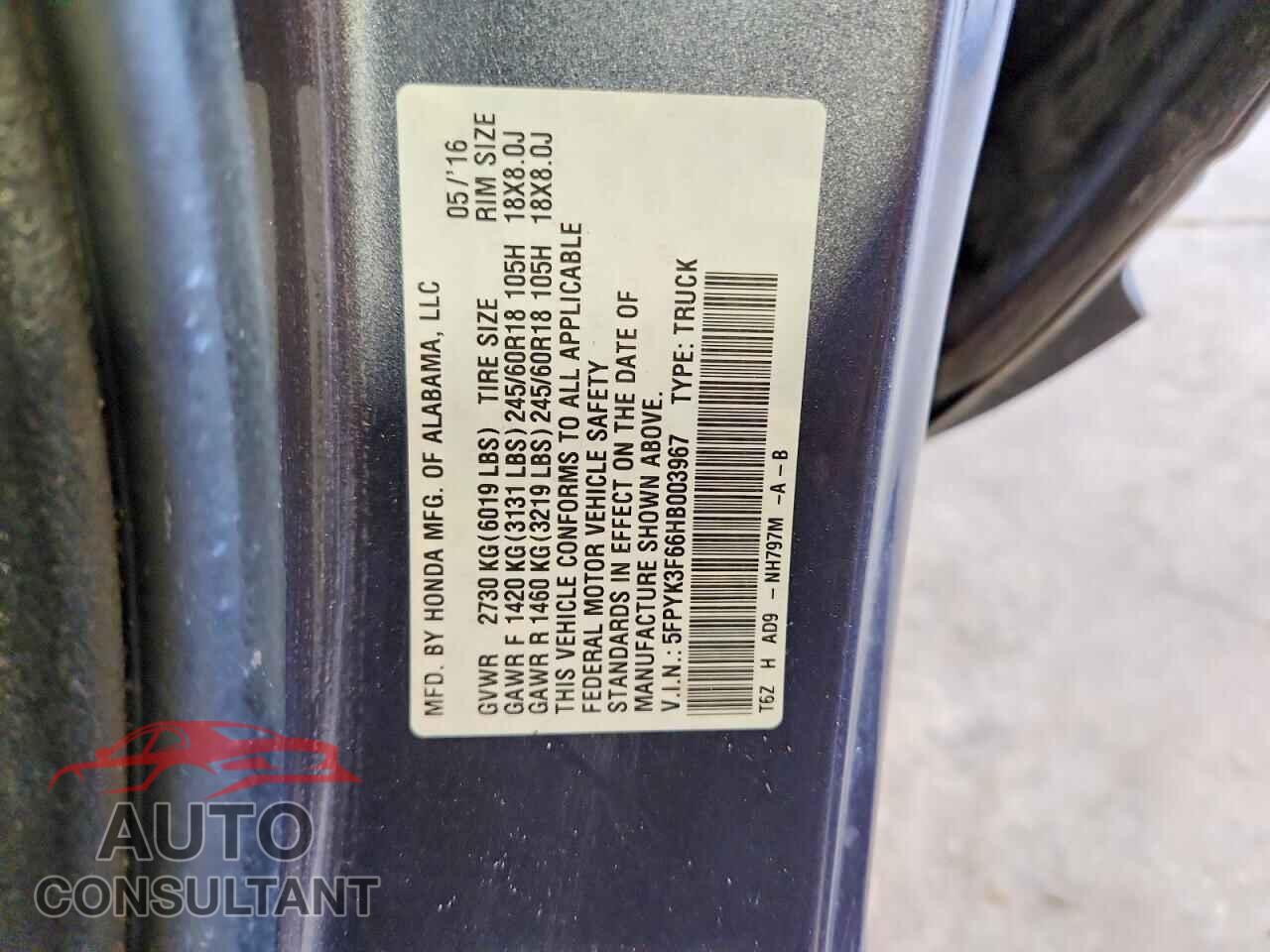 HONDA RIDGELINE 2017 - 5FPYK3F66HB003967