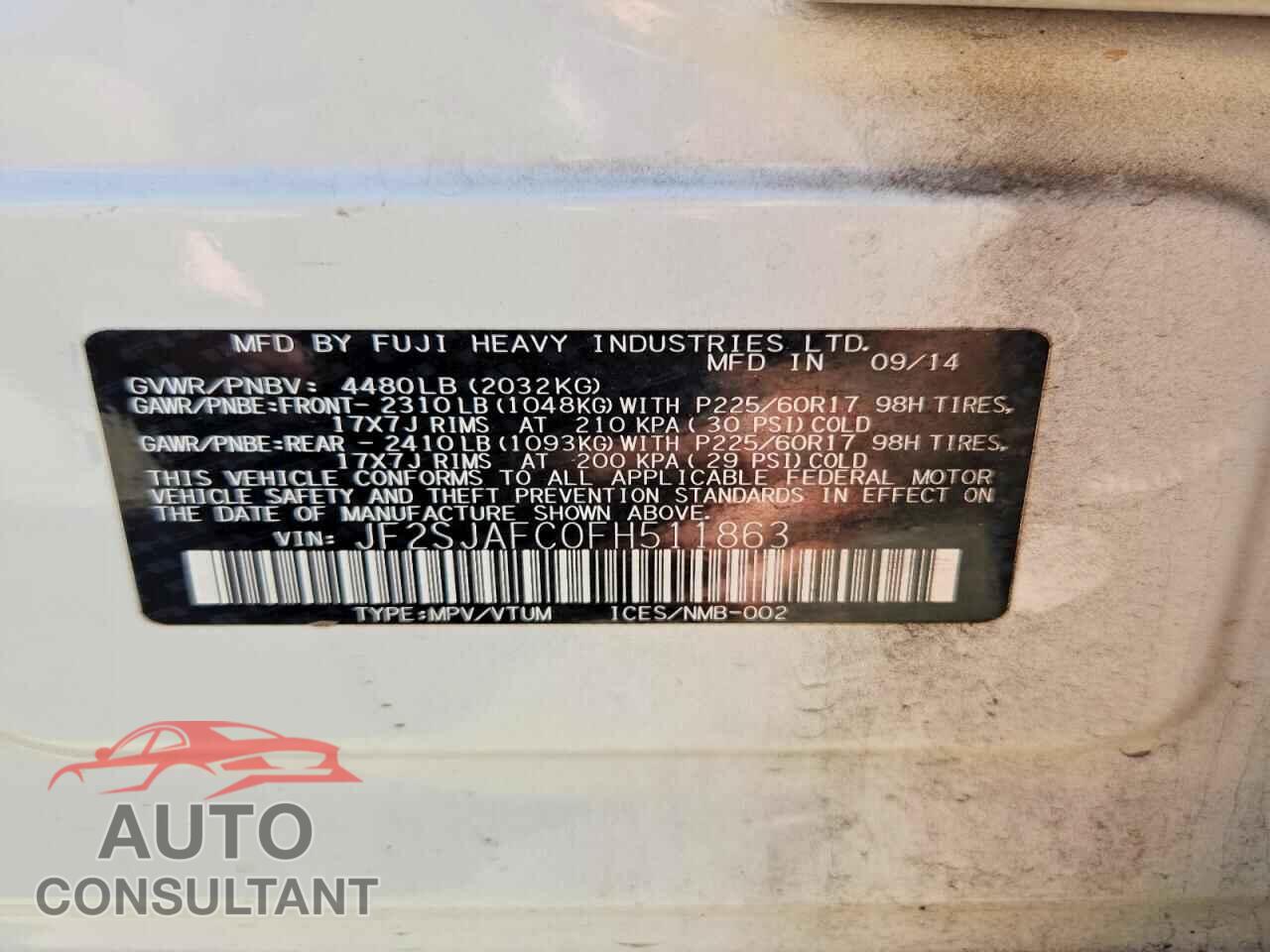SUBARU FORESTER 2015 - JF2SJAFC0FH511863