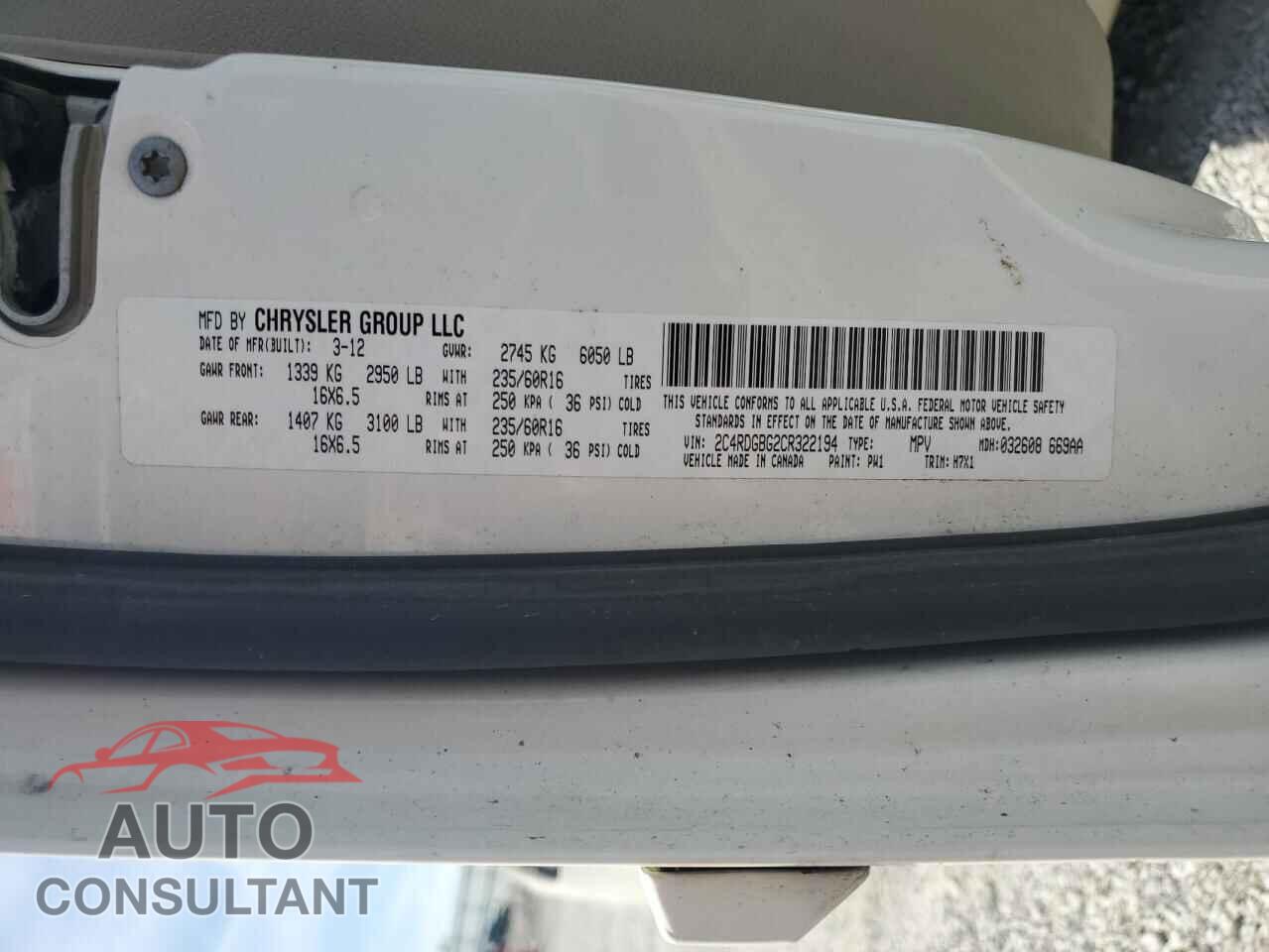 DODGE CARAVAN 2012 - 2C4RDGBG2CR322194