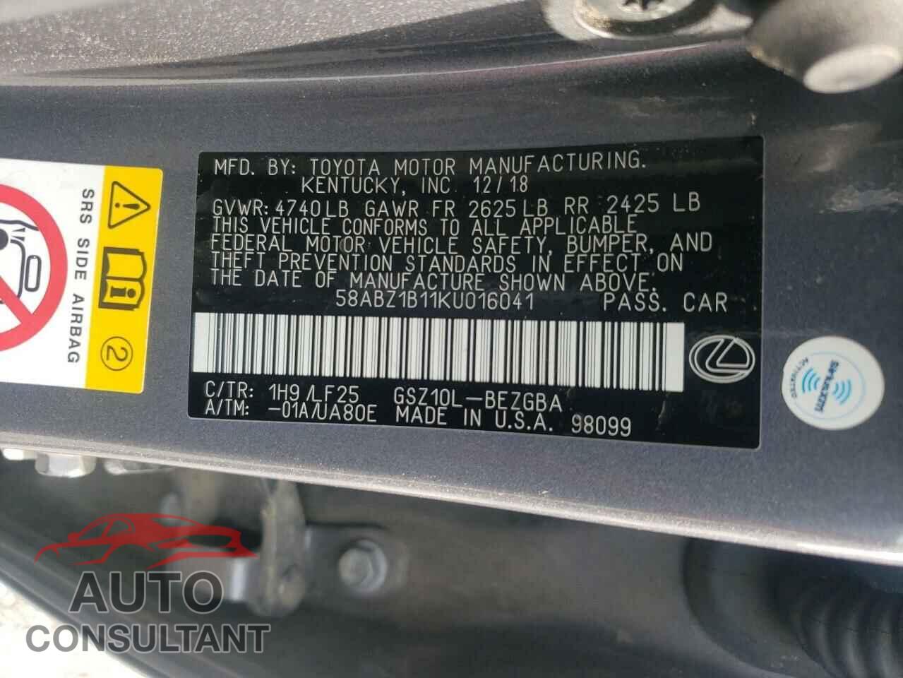 LEXUS ES350 2019 - 58ABZ1B11KU016041