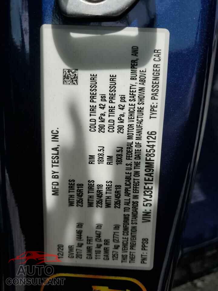 TESLA MODEL 3 2021 - 5YJ3E1EA9MF854126