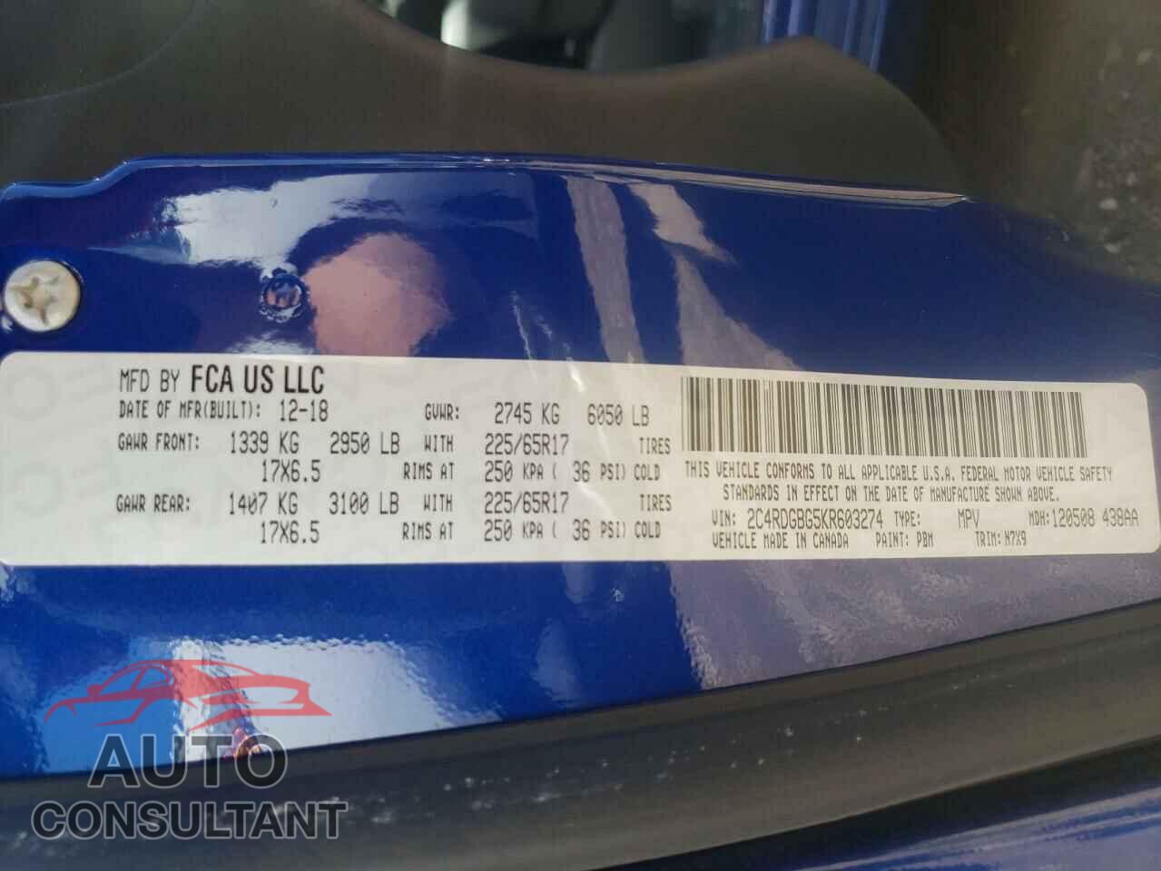 DODGE CARAVAN 2019 - 2C4RDGBG5KR603274