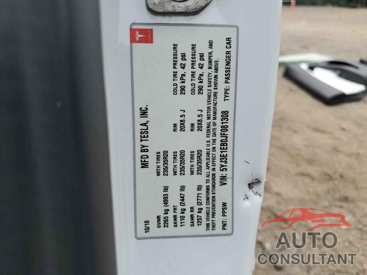 TESLA MODEL 3 2018 - 5YJ3E1EB0JF081308