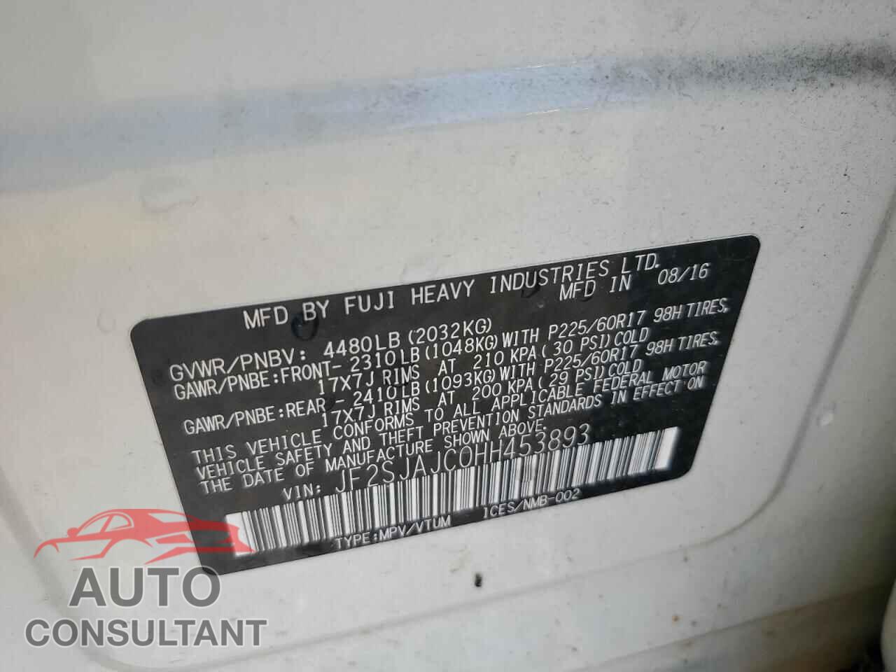 SUBARU FORESTER 2017 - JF2SJAJC0HH453893
