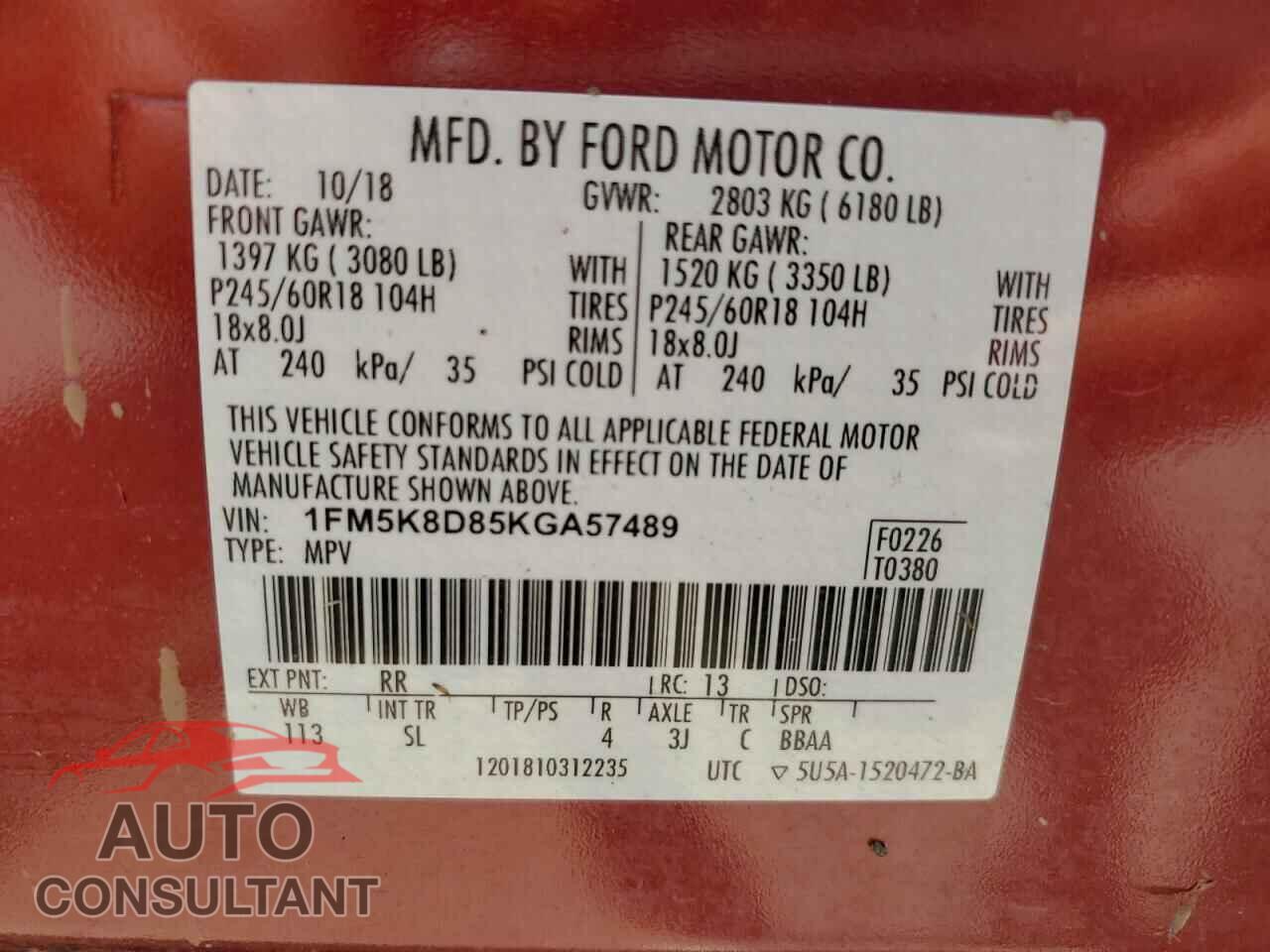 FORD EXPLORER 2019 - 1FM5K8D85KGA57489