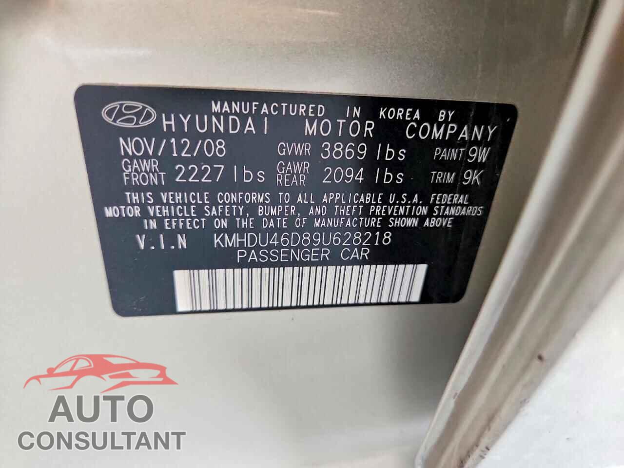 HYUNDAI ELANTRA 2009 - KMHDU46D89U628218