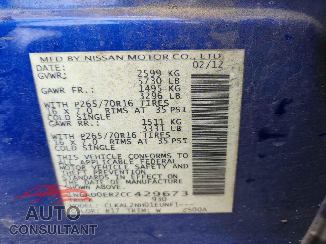 NISSAN FRONTIER 2012 - 1N6AD0ER2CC429673