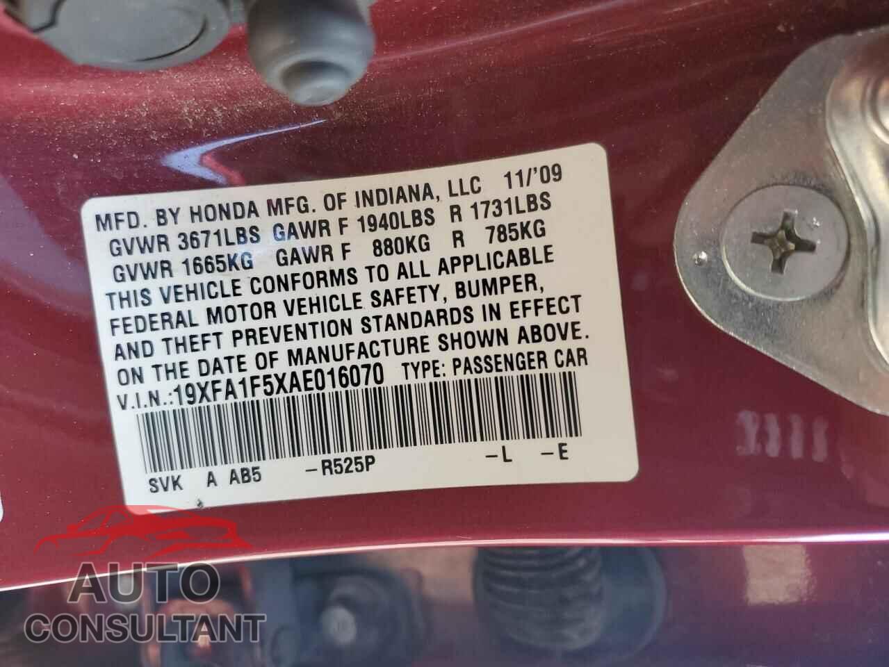 HONDA CIVIC 2010 - 19XFA1F5XAE016070