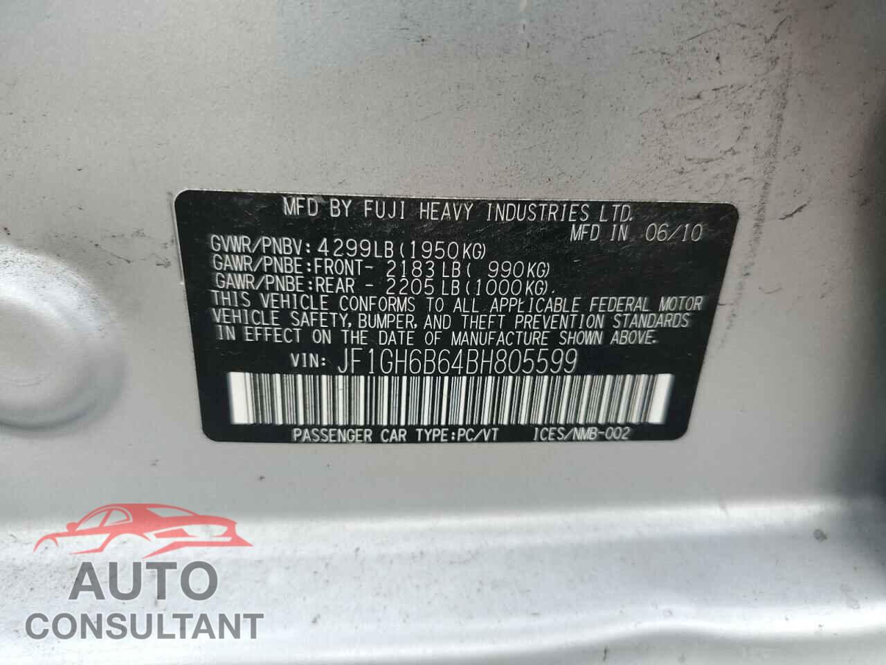 SUBARU IMPREZA 2011 - JF1GH6B64BH805599