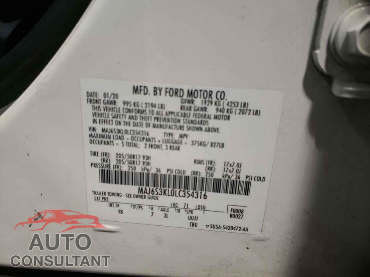 FORD ECOSPORT 2020 - MAJ6S3KL0LC354316