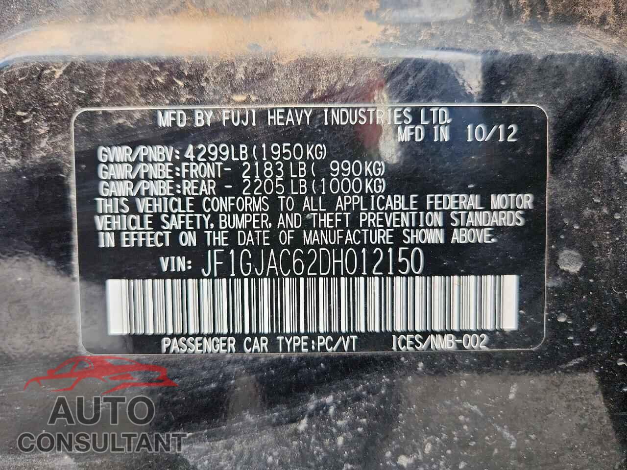 SUBARU IMPREZA 2013 - JF1GJAC62DH012150
