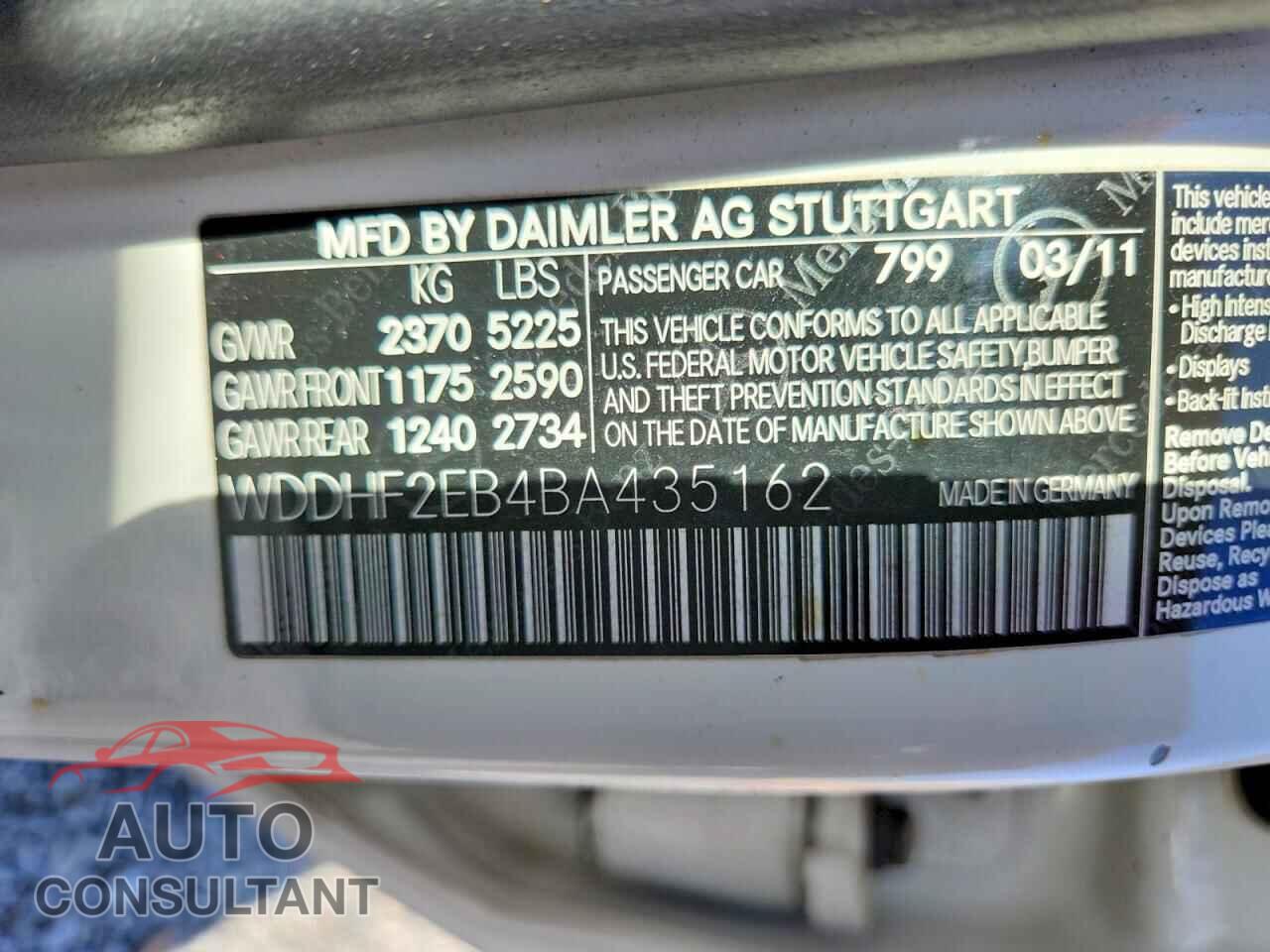 MERCEDES-BENZ E-CLASS 2011 - WDDHF2EB4BA435162