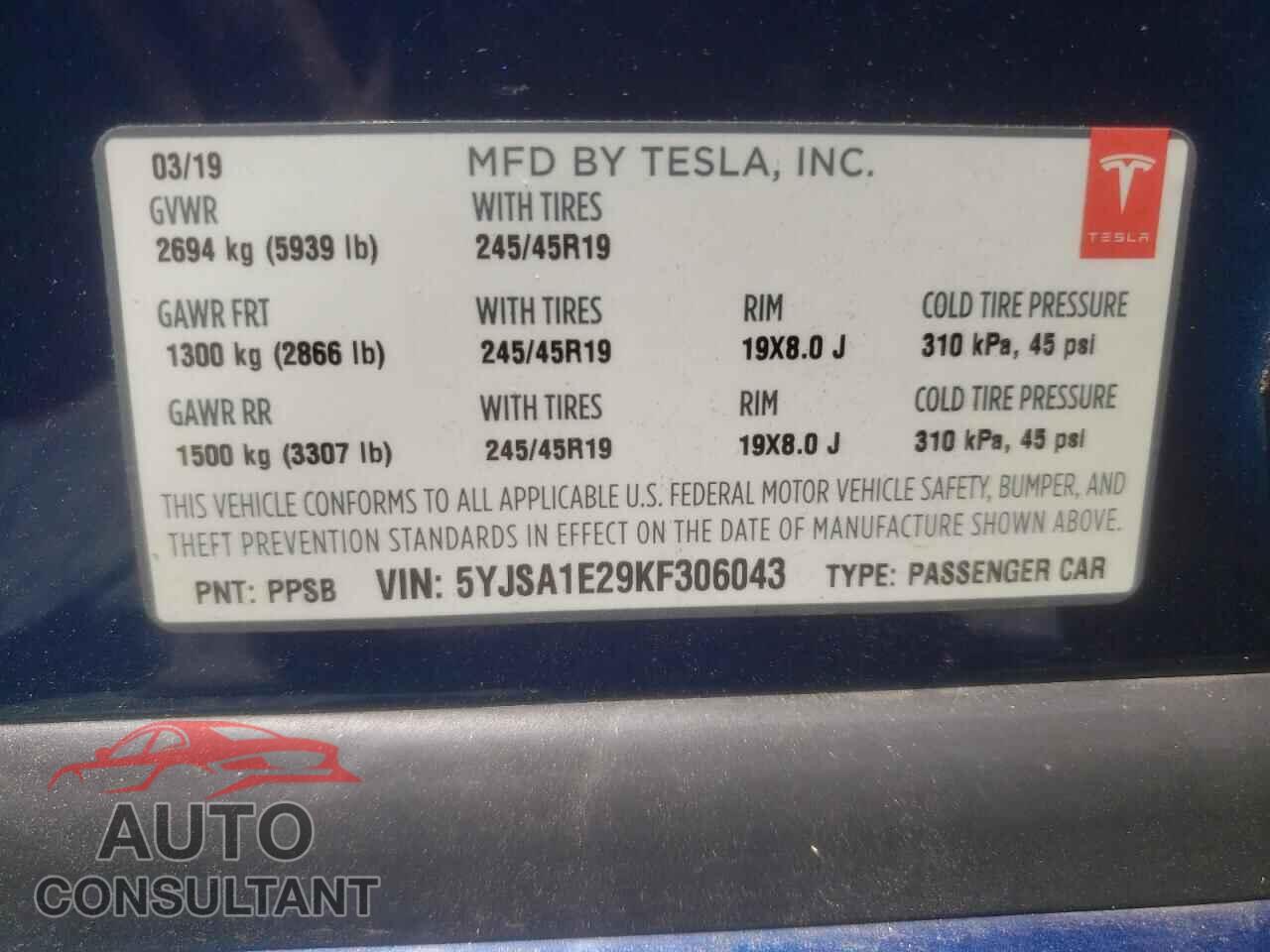 TESLA MODEL S 2019 - 5YJSA1E29KF306043
