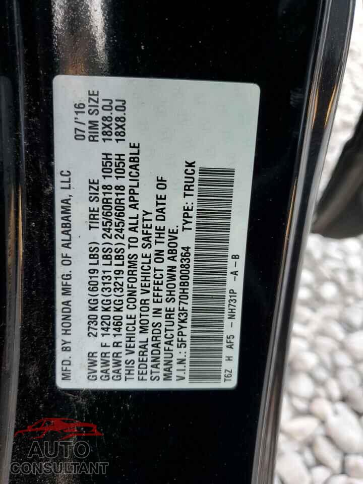 HONDA RIDGELINE 2017 - 5FPYK3F70HB008364