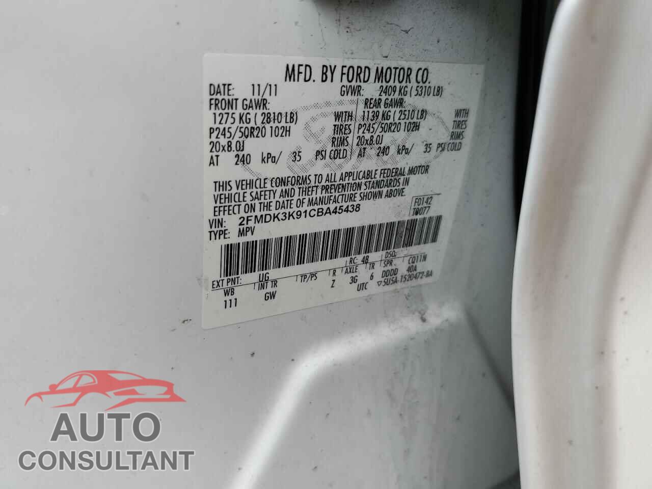 FORD EDGE 2012 - 2FMDK3K91CBA45438