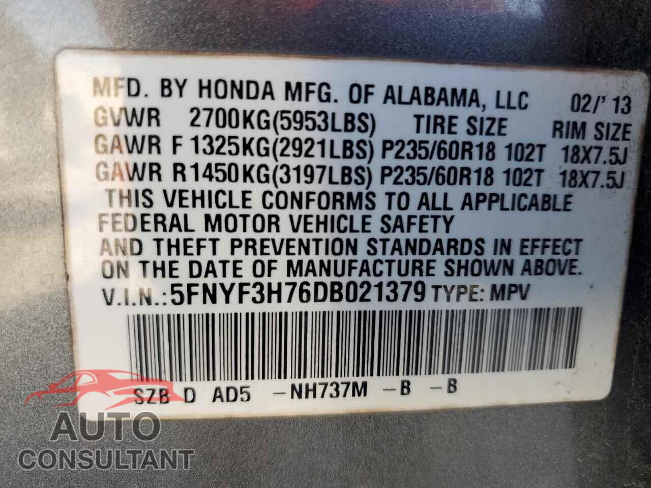 HONDA PILOT 2013 - 5FNYF3H76DB021379