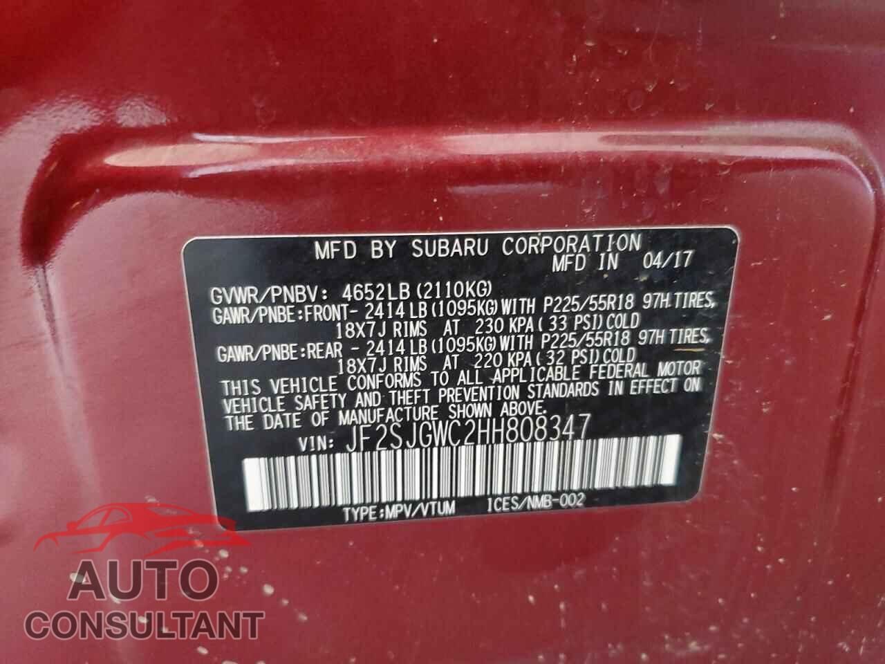 SUBARU FORESTER 2017 - JF2SJGWC2HH808347