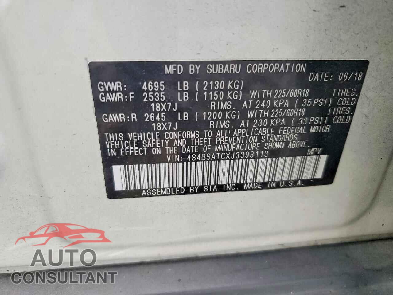 SUBARU OUTBACK 2018 - 4S4BSATCXJ3393113