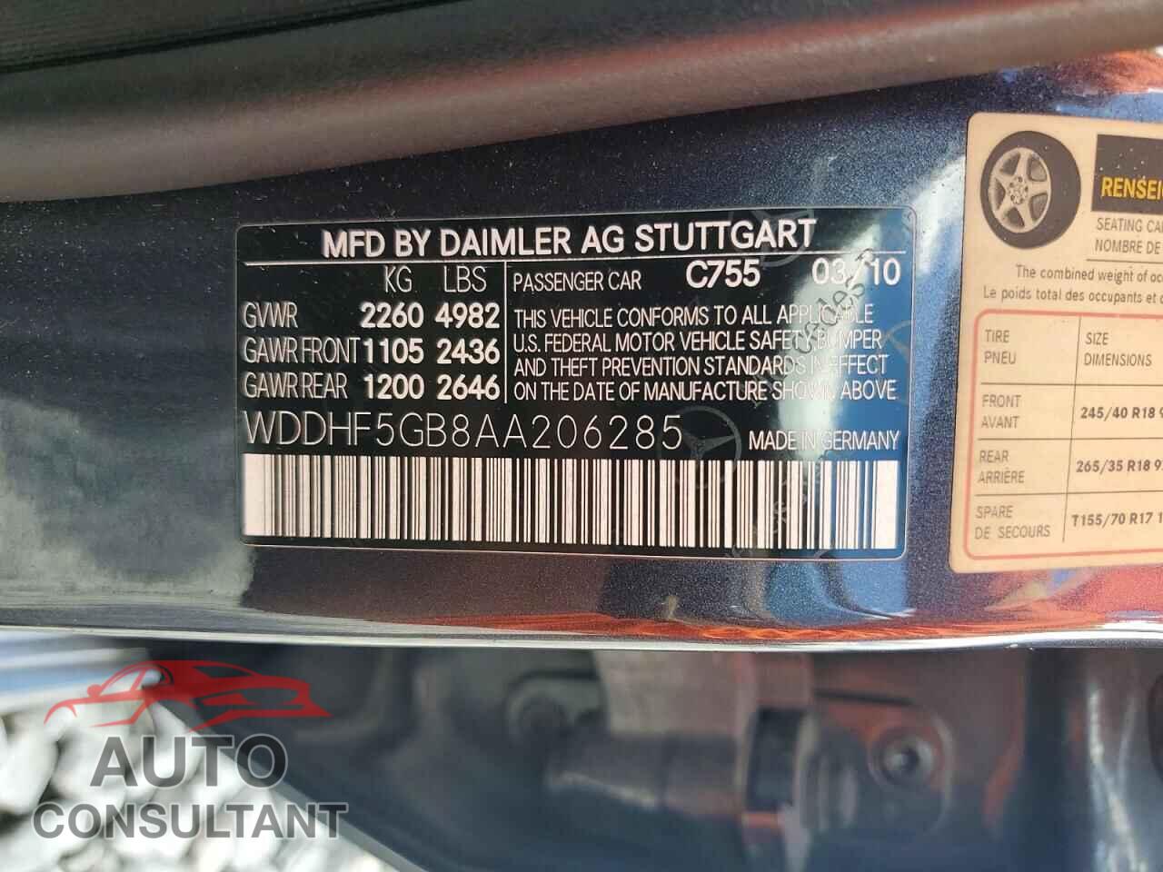 MERCEDES-BENZ E-CLASS 2010 - WDDHF5GB8AA206285