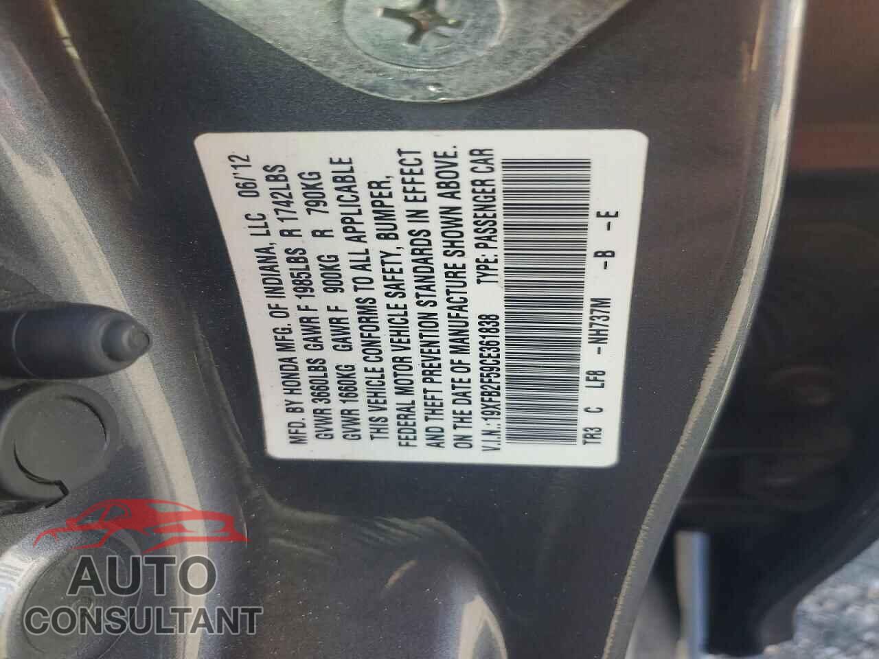 HONDA CIVIC 2012 - 19XFB2F59CE361838