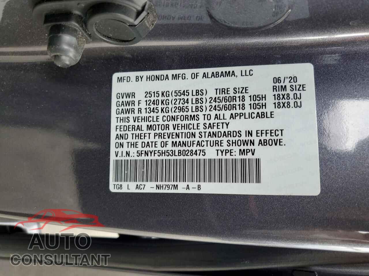 HONDA PILOT 2020 - 5FNYF5H53LB028475