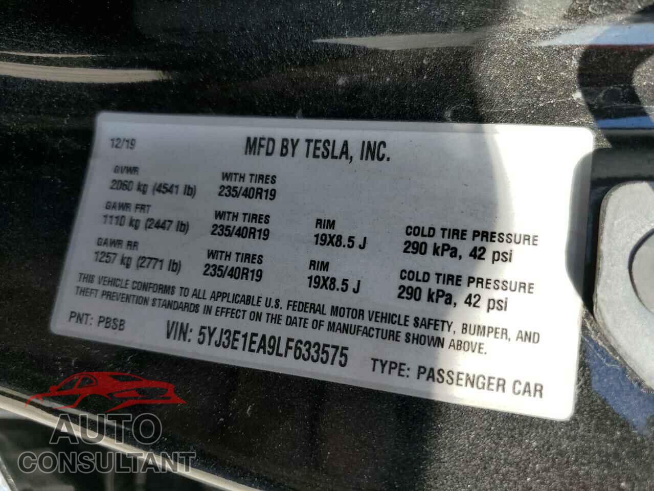TESLA MODEL 3 2020 - 5YJ3E1EA9LF633575