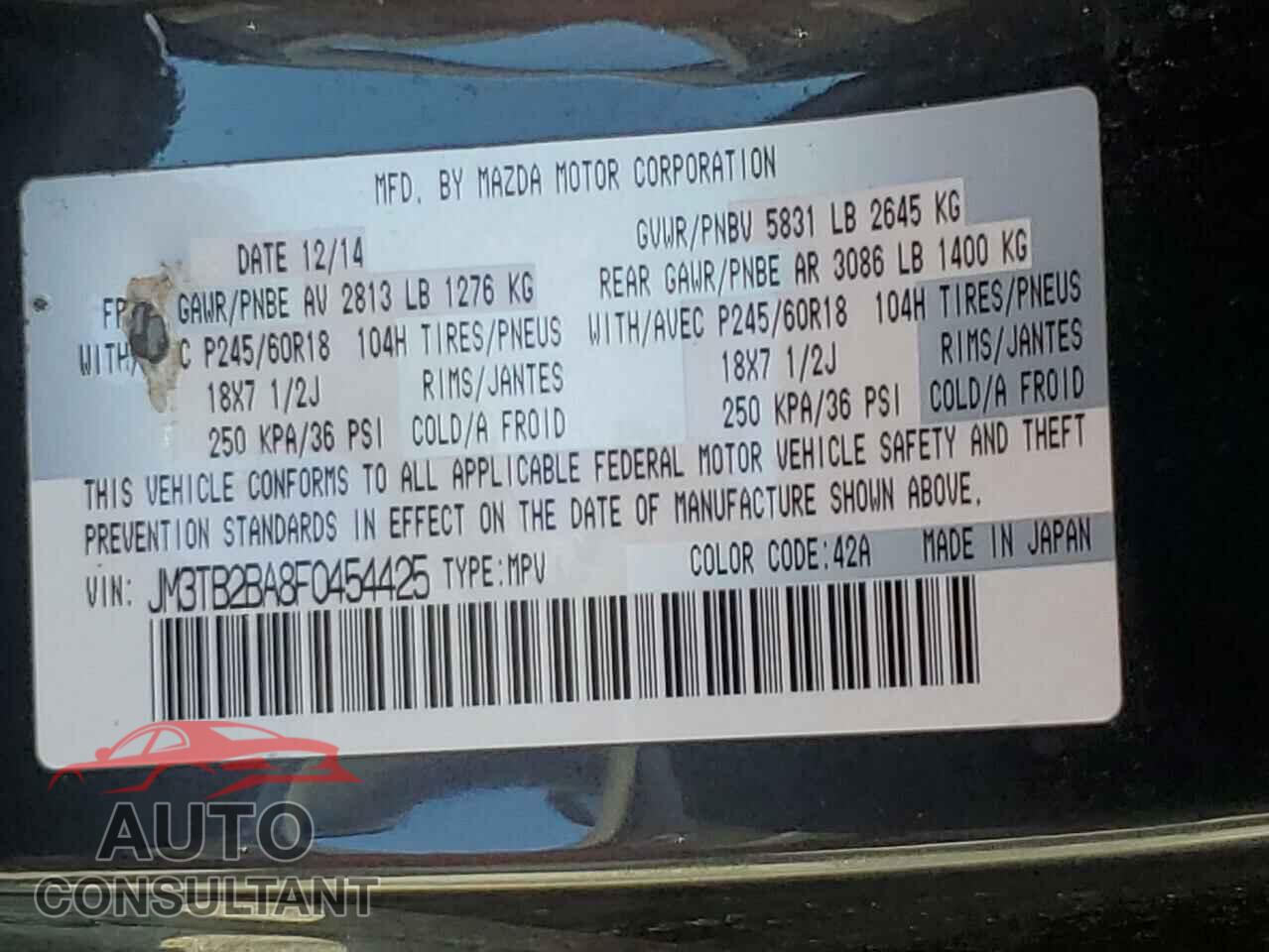 MAZDA CX-9 2015 - JM3TB2BA8F0454425