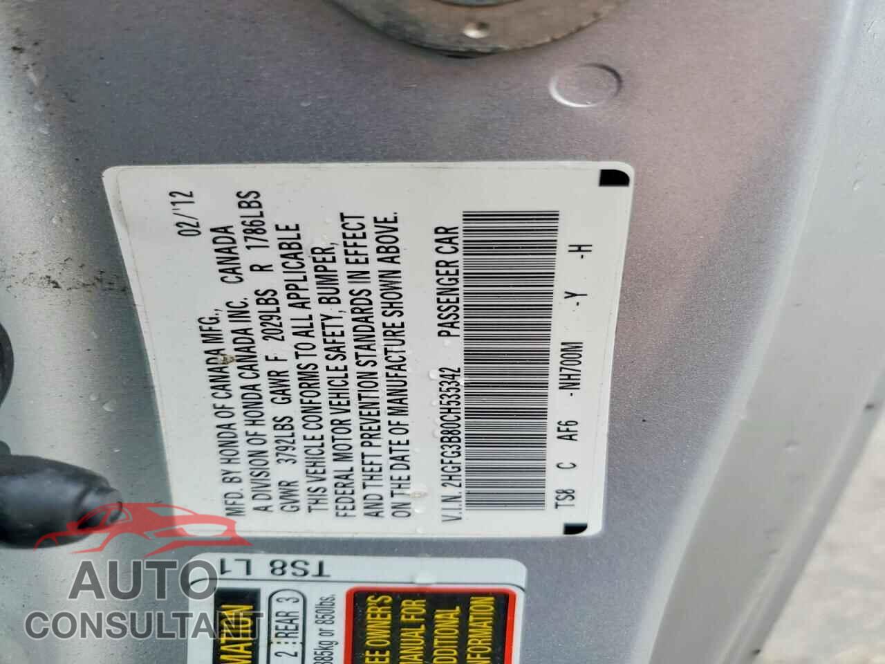 HONDA CIVIC 2012 - 2HGFG3B80CH535342