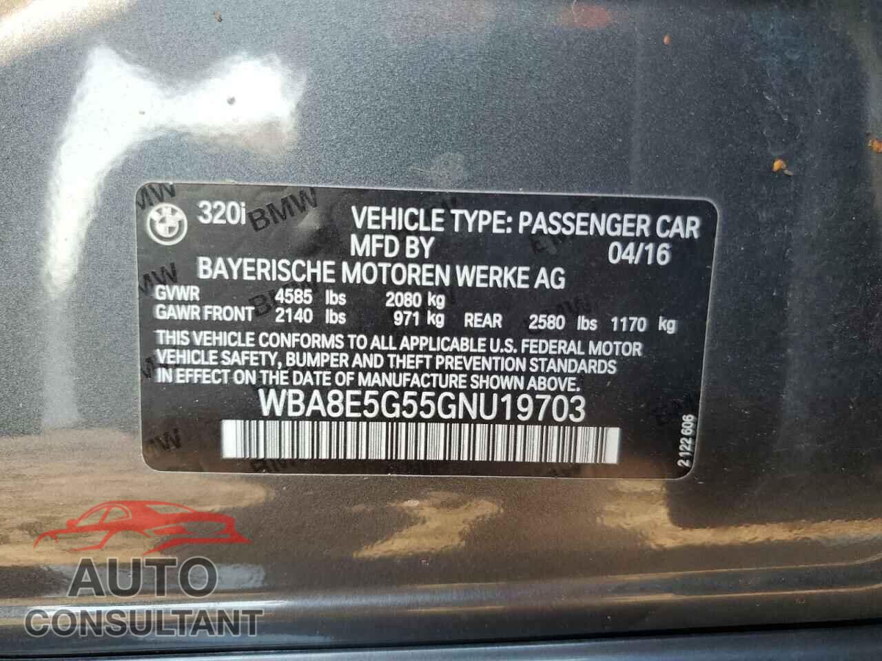 BMW 3 SERIES 2016 - WBA8E5G55GNU19703