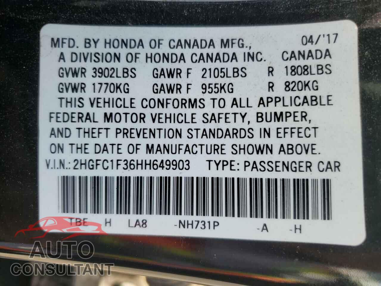 HONDA CIVIC 2017 - 2HGFC1F36HH649903